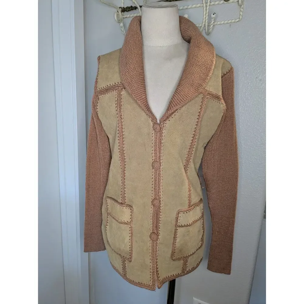 Vintage 70s Exclusive Imports Tan Leather Crochet Jacket Boho Hippy SZ M Korea - Picture 3 of 12